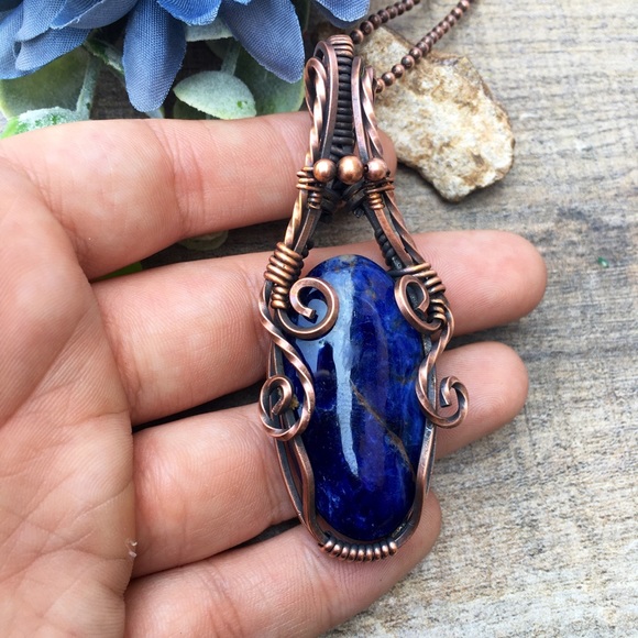 Sodalite copper wire wrapped pendant necklace - Picture 2 of 5